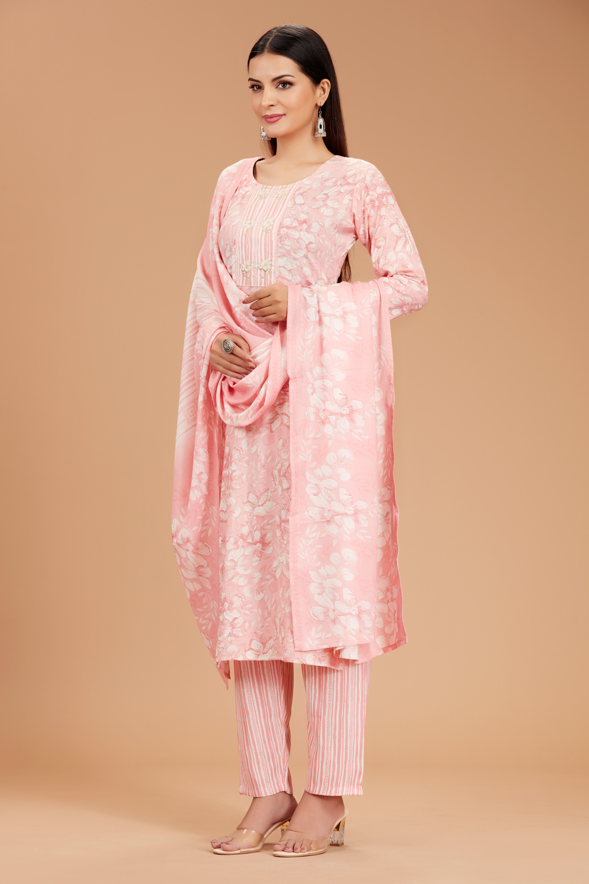 Peach 3 Piece Suit Set With Dupatta